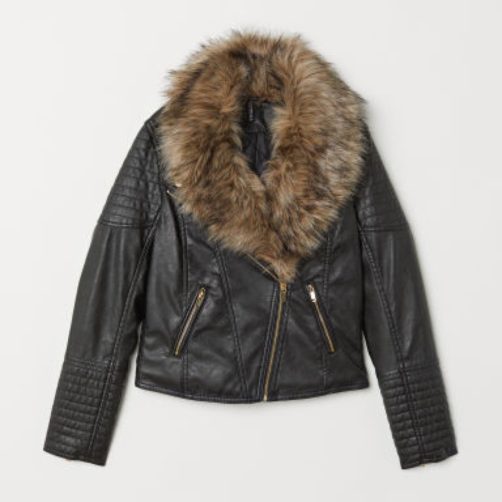 {H&M} Faux Fur-collar Biker Jacket - Black 